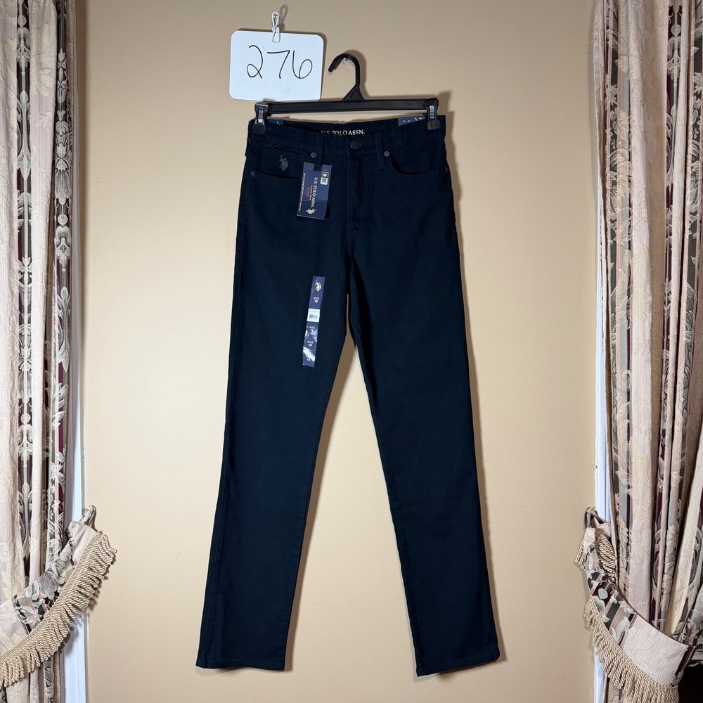 US Polo Assn Boys Straight Leg Pants Black Size 18 Stretch Adjustable Waist NWT